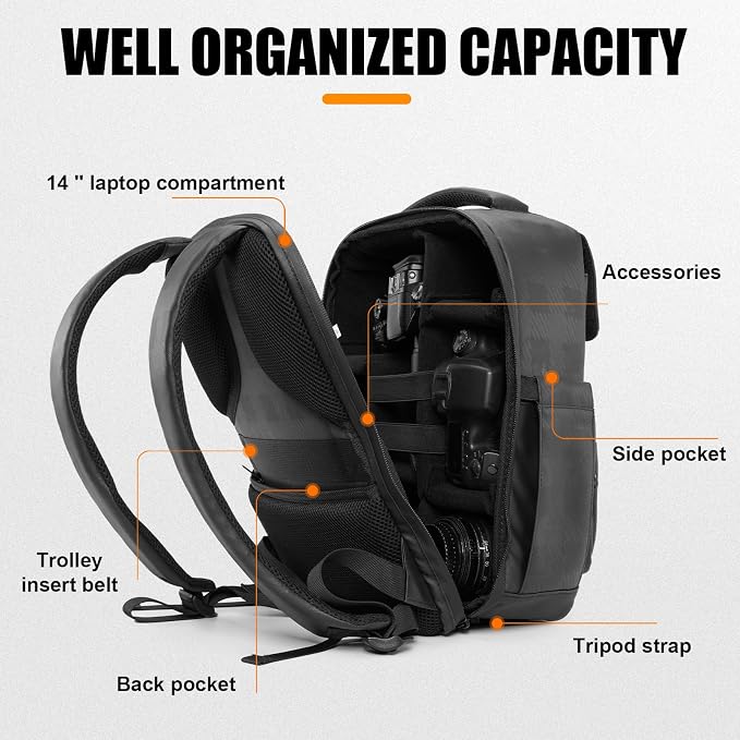 Cwatcun PU Leather Camera Backpack, DSLR Bag with Tripod Holder | for Photographers DSLR SLR Mirrorless Camera Cases.Fits 2cameras +4lenses+14"laptop+drone.18mm EPE foam, side & back access - Image 5