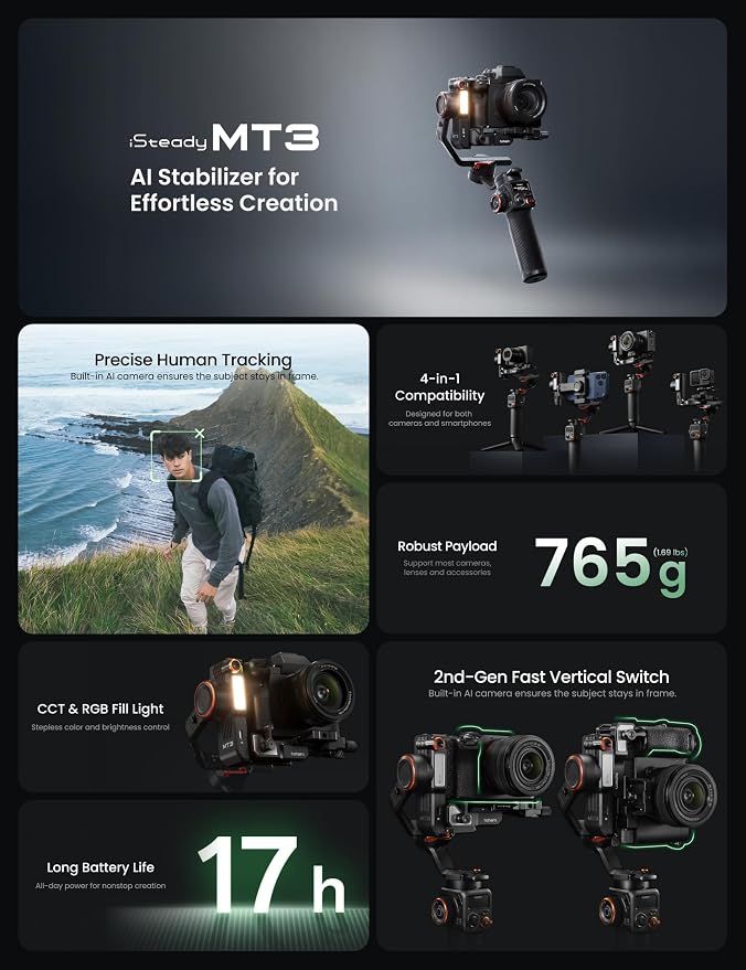 hohem iSteady MT3 3-Axis Gimbal Stabilizer for Mirrorless/Pocket/Action Cameras/Smartphone, Built-in AI Tracker with Fill Light, OLED Display, Camera Gimbal for Canon/Sony/Nikon/Fujifilm/GoPro - Image 2