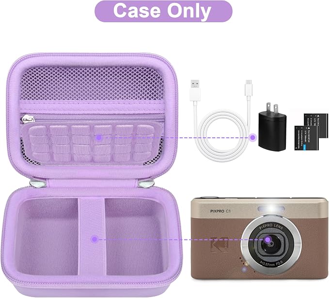 Canboc Carrying Case for KODAK PIXPRO C1 Friendly Zoom Digital Camera | For Canon PowerShot ELPH 360 HS A/ 360 HS/ 360/ IXY 650 Digital Camera, Mesh Pocket fit Cable, SD Card, Purple (Case Only) - Image 2