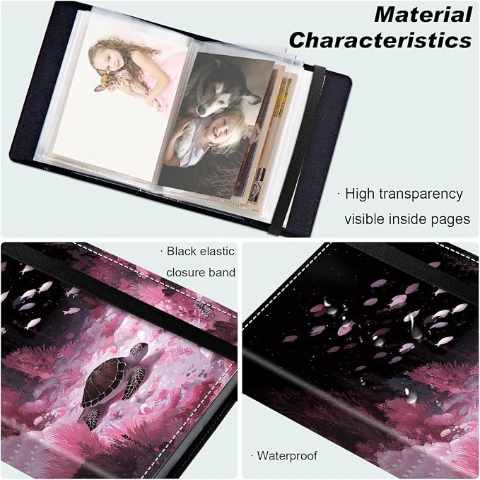 Small Photo Album 5x7, 60 Pockets Holds 120 Photos, Slip-in Pocket Photo Album with Black Elastic Band for Family Wedding Baby Travel Pictures, Pink Sea Turtle - Image 5