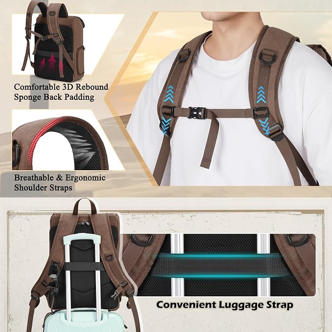 RAINSMORE Camera Backpack, DSLR SLR Mirrorless Camera Bag for Photographer | 15.6 Inch Vintage Canvas Camera Case with Laptop Compartment & Tripod Holder &Rain Cover for Sony Canon Nikon Fujifilm Coffee - Image 8