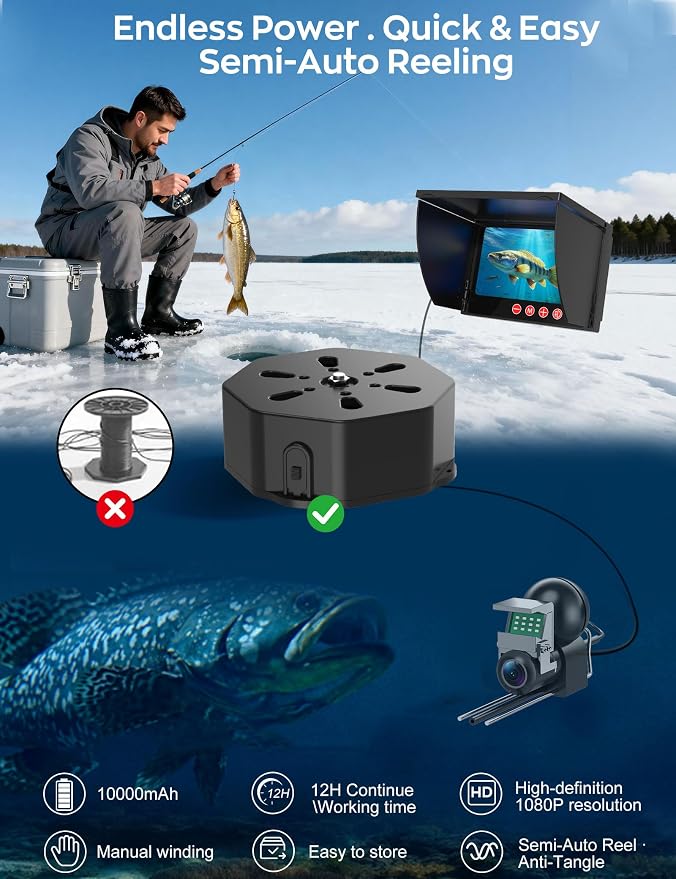 Underwater Fishing Camera,1080P Portable Fish Finder with 5" Waterproof IPS Screen,220° Ultra-Wide Ice Fishing Camera with 12 IR LED Night Vision,10000mAh Battery&100FT Cable for Boat, Lake & Kayak - Image 4