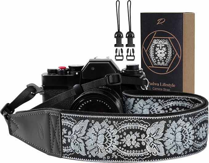 Padwa Lifestyle Camera Strap - 2" Full Grain Leather Ends Camera Straps for Photographers, Vintage Embroidered Cotton Weave Soft Suede Fabric Padded Strap Quick Release fits All Cameras by PadwaLifestyleCameraStrap