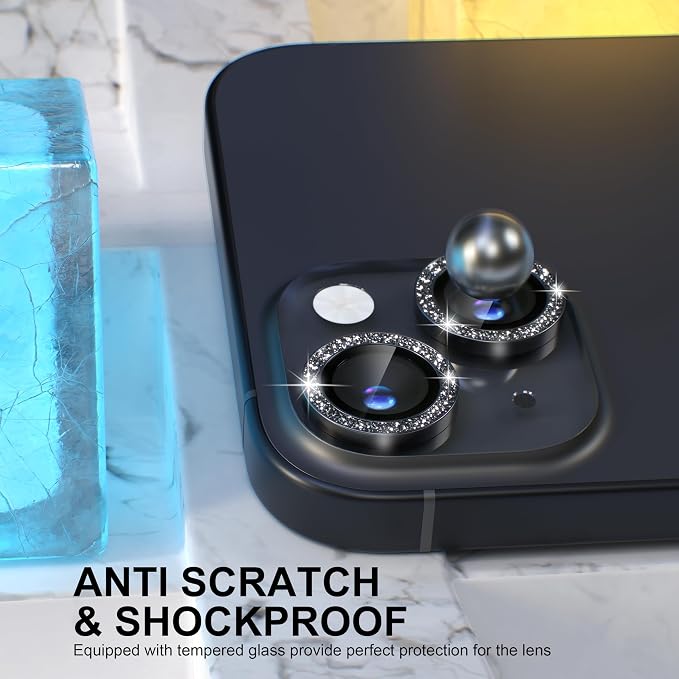 Choiche for iPhone 15/15 Plus Camera Lens Protector Bling, Glitter-Black | Ultra HD, 9H Tempered Glass Camera Cover Screen Protector Metal Individual Ring Decoration Accessories, 2-Lens, 6.1/6.7-inch - Image 3
