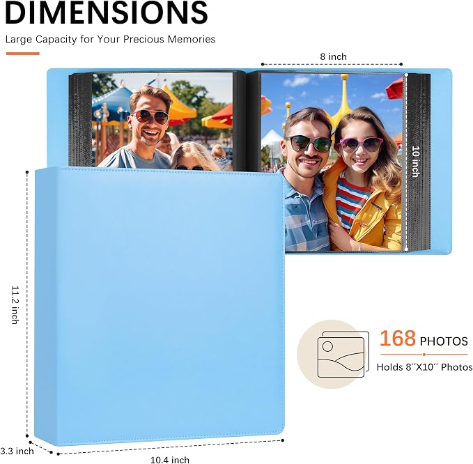 Aevdor 8x10 Photo Album, 168 Photos, Leather Cover, Blue | Large Capacity, Side-Loading Clear Pockets, Vertical 8x10 Layout, Black Inner Pages, Wedding, Travel, Baby & Family Memories - Image 2
