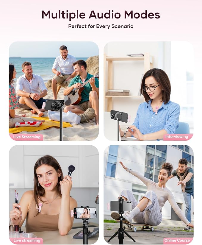 SUDEHO Dual Wireless Lapel Microphone System, Noise-Canceling Clip-On Design, Instant Connection via USB-C Receiver for Android (Rosy Pink) - Image 5