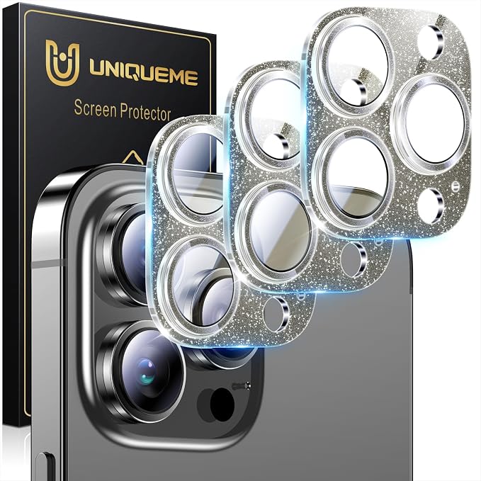 UniqueMe for iPhone 13 Pro Max/13 Pro Camera Lens Protector-Glitter Black | 3 Pack-Acrylic, Not Glass, Case Friendly, Scratch-Resistant, Night Shooting Mode by UniqueMe