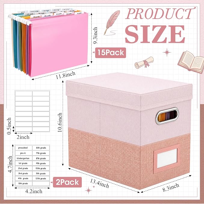 1 Set School Memory Box Organizer, School Keepsake Organizer K-12,Pink | with 15 Hanging File Folders, 4 Labels, 3 Sticker, Mesh-Pocket Lid, for Letter/A4, Report Cards, Photos, Awards, File Keeper - Image 2