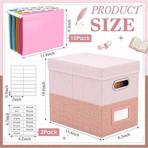 1 Set School Memory Box Organizer, School Keepsake Organizer K-12,Pink | with 15 Hanging File Folders, 4 Labels, 3 Sticker, Mesh-Pocket Lid, for Letter/A4, Report Cards, Photos, Awards, File Keeper - Image 2