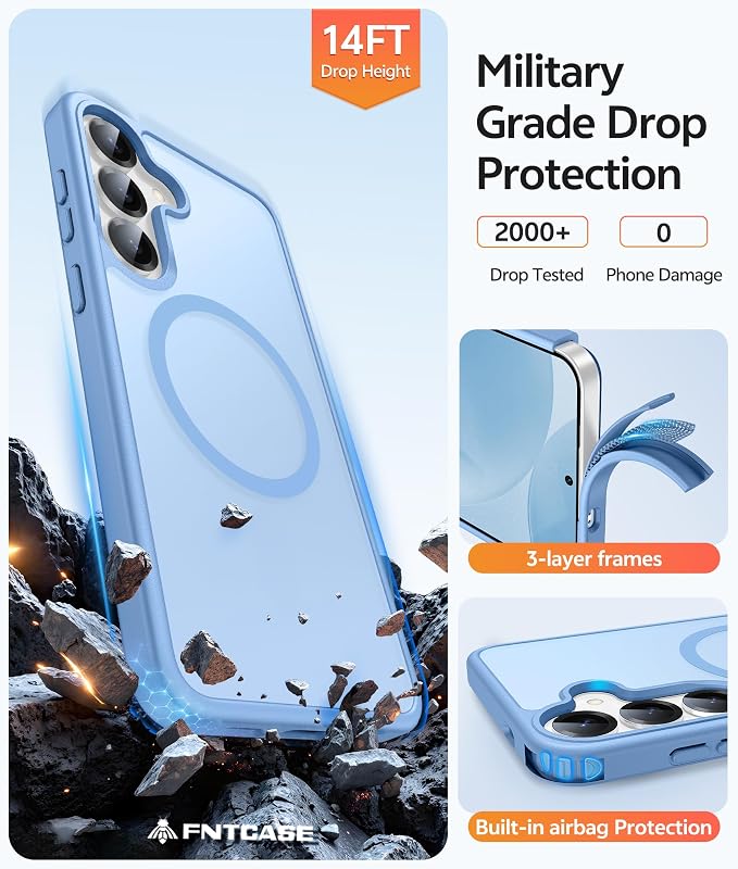 FNTCASE for Samsung Galaxy S25/S24 Case, Fit for Magsafe, Screen Protector | Translucent Matte Magnetic Back, 14FT Military Grade Drop Protection, Shockproof Protective Phone Cover, Light Blue - Image 5
