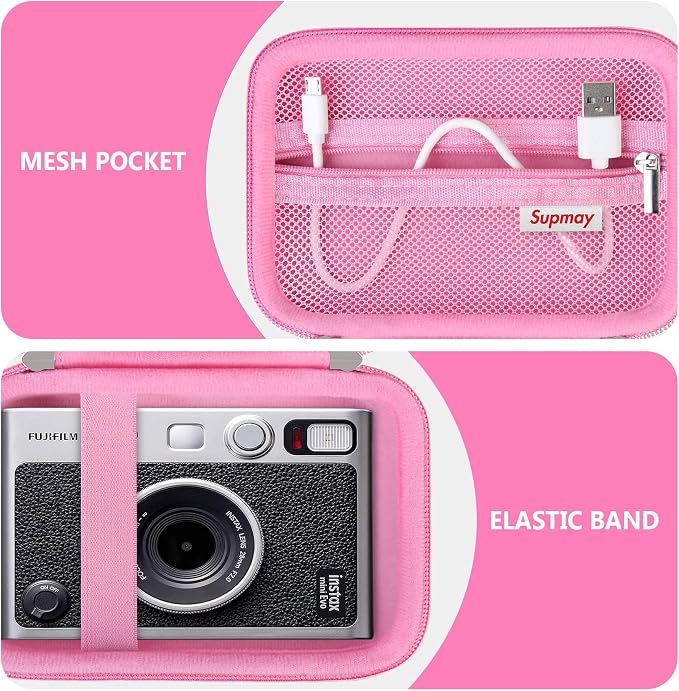 Carrying Case Compatible with Fujifilm Instax Mini EVO Instant Camera, INSTAX MINI EVO Camera Storage Holder Travel Bag with Mesh Pocket for Photos, USB Cables, Film, Pink - Image 4