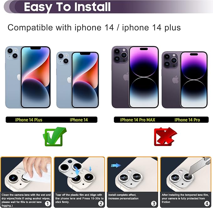 Suoman for iPhone 14 6.1 inch/iPhone 14 Plus 6.7 inch Camera Lens Protector, 9H Tempered Glass Film, [Does not Affect Night Shots] Metal Lens Protective Cover - Silver - Image 2