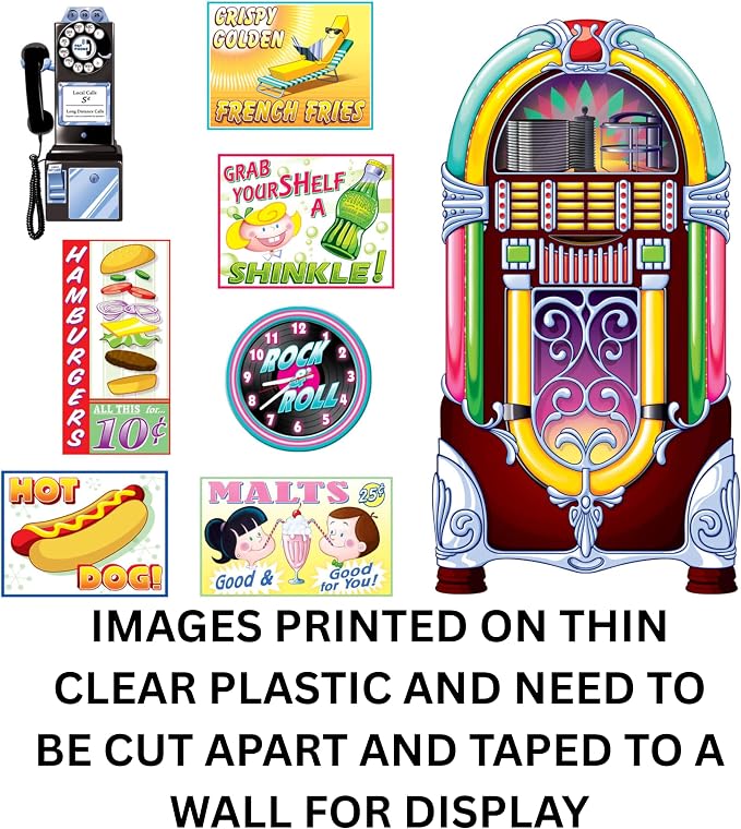 Soda Shop Signs & Jukebox Props Party Accessory (1 count) (8/Pkg) | Cut Apart Plastic Decorations Featuring 1950’s Era Jukebox Food Signs and Retro Diner Graphics for Wall Displays - Image 4