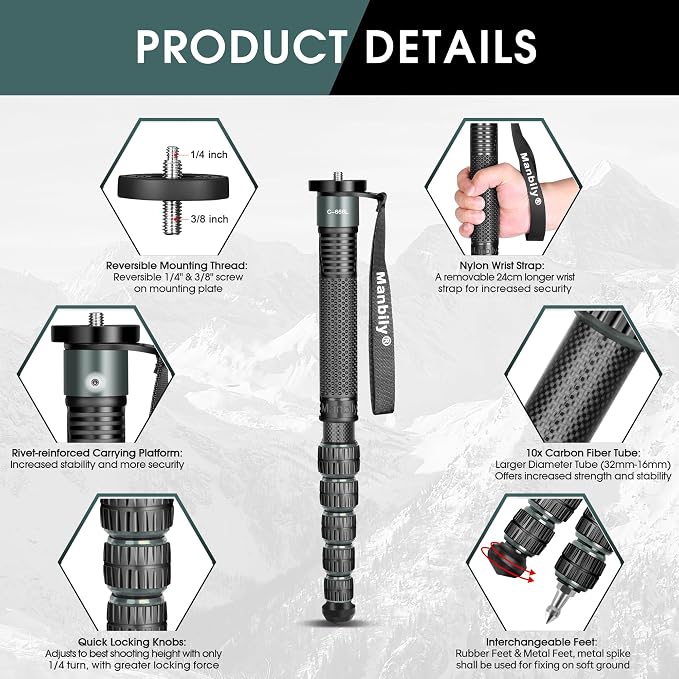 Camera Monopod 69-Inch 32mm Tube Carbon Fiber Walking Stick Monopods for Cameras 6 Sections Portable Compact Travel with Handle, Phone Clip Max. 33lbs for DSLR Video Camcorder Stand (C-666L) - Image 4