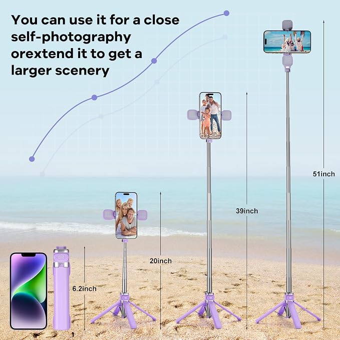 MQOUNY Mini iPhone Tripod Stand & Selfie Stick with Wireless Remote & Removable Light, Extendable Stand 360 Rotation Compatible with iPhone & Android Samsung (Purple) - Image 5