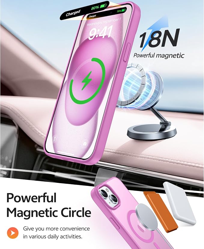 FNTCASE for iPhone 15/14/13 Case, Fit for Magsafe, Glass Screen Protector | Translucent Matte, Magnetic Phone Cases, 14FT Military Grade Drop Protection, Slim Shockproof Protective Cover, Pink - Image 3