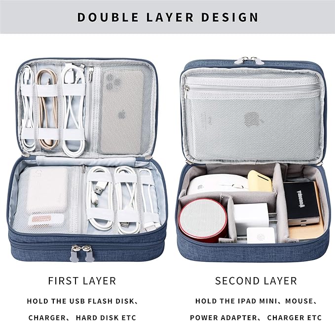 mygreen Electronic Accessories Organizer Bag, Waterproof Double Layer Travel Storage Case with Adjustable Padded Dividers, Portable Hard Pouch for Cables, Charger, Power Bank, Phone, Hard Drive Blue - Image 4