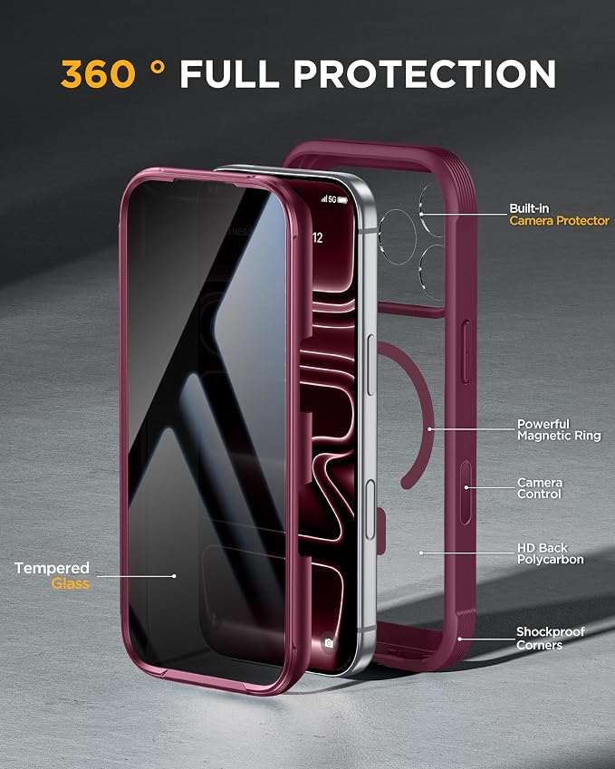 Miracase for iPhone 17 Pro Privacy Series Case, Magsafe, Cherry | Built-in Privacy Screen Protector | 360° Full Protection | Colored Bezel & Clear Back | Shock-Absorbent | 6,3 Inch - Image 3