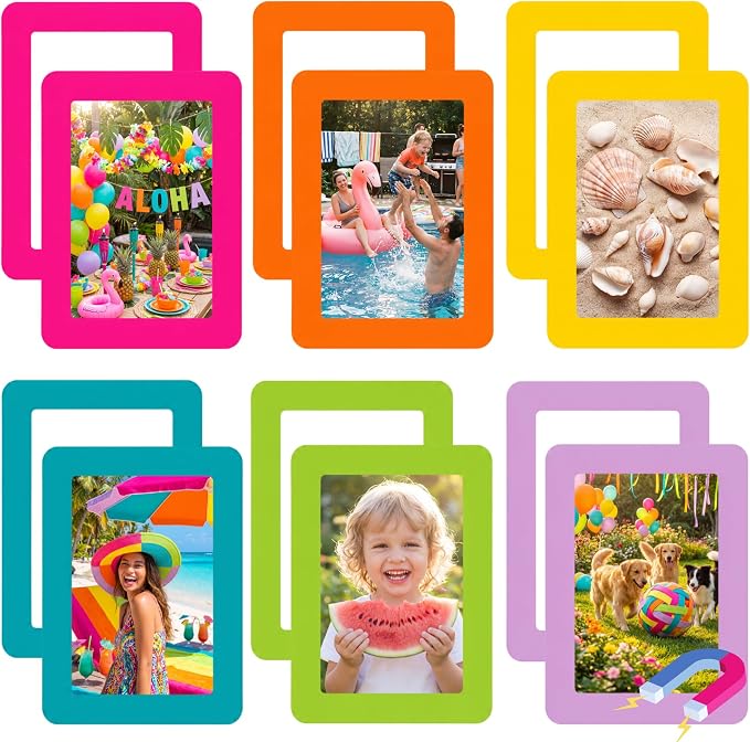 12 Pack 4x6'' Hot Summer Bright Magnetic Picture Frames | Vibrant Colorful Magnet Photo Borders for Refrigerator Locker Classroom Kids Room Decor - Open Face Playful Home Accessories by Mindoub