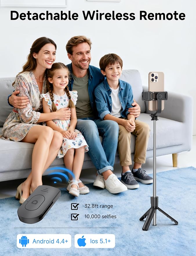 Mini Selfie Stick Travel Tripod for Cell Phone with Light, Extendable Selfie Stick for iPhone with Detachable Remote, iPhone Tripod for Video Recording, Photograph, Compatible with Cellphones - Image 4