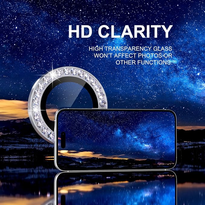 Choiche for iPhone 17 Camera Lens Protector Bling, Diamond-Silver | Ultra HD, 9H Tempered Glass Camera Cover Screen Protector Metal Individual Ring Decoration Accessories, 2-Lens, 6.3-inch - Image 5