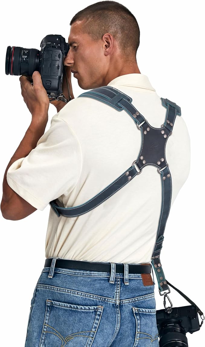 Padwa Lifestyle Dark Green Dual Camera Harness Strap for Two Cameras - Double Shoulder Full Grain Leather Harness,Multi Double Camera Gear with Thick Padded,Double Camera Harness for Photographers - Image 4