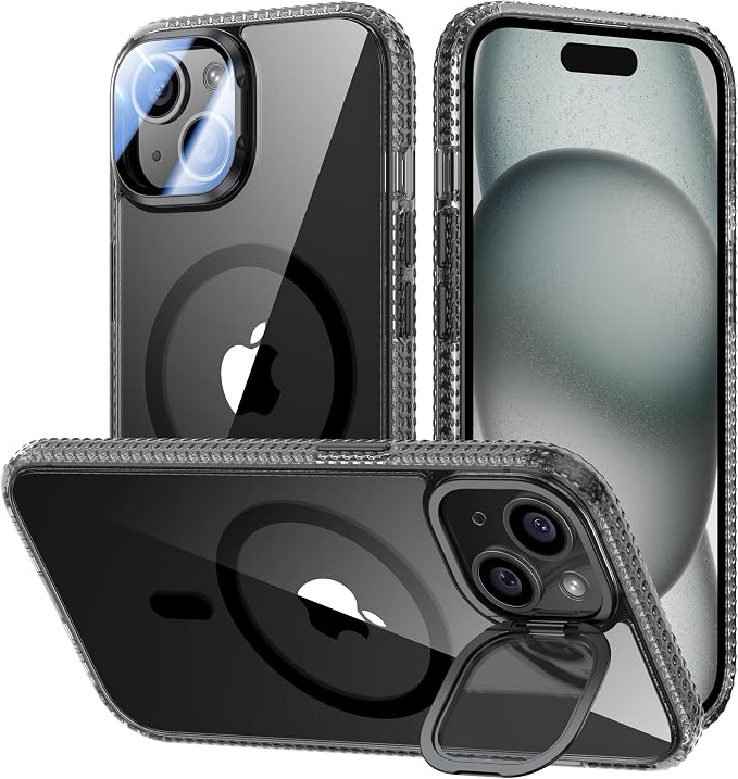 VOFATA [Upgraded] for iPhone 15 Case with Camera Cover Stand [Fit for MagSafe][9H Camera Lens Protector] Mil-Grade Protection Transparent Magnetic iPhone 15 Phone Case, Clear Black by VOFATA