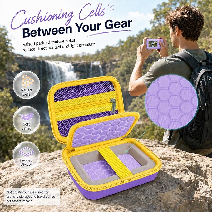 Comecase Digital Camera Case for Kodak FZ55/FZ45, Purple&Yellow Zipper | Hard EVA Shell, Padded Divider and 2 SD Card Slots Organize a Compact Camera, Charger and Cable for Travel. Case Only. - Image 3