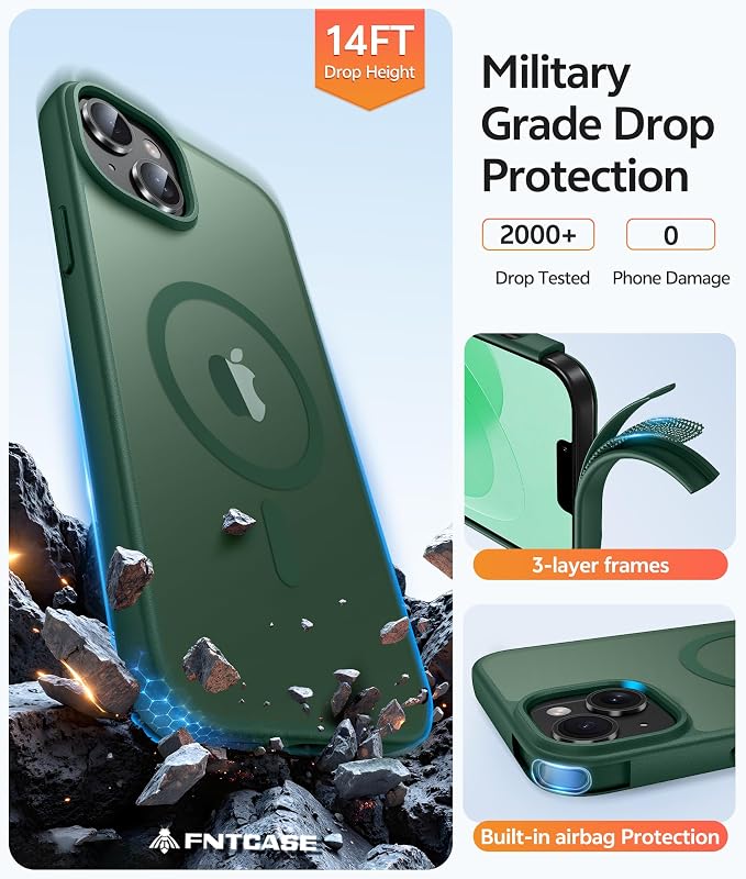 FNTCASE for iPhone 15/14 Plus Case, Fit for Magsafe, Screen Protector Green | Translucent Matte Magnetic Back, 14FT Military Grade Drop Protection, Shockproof Protective Phone Cover, Green - Image 5