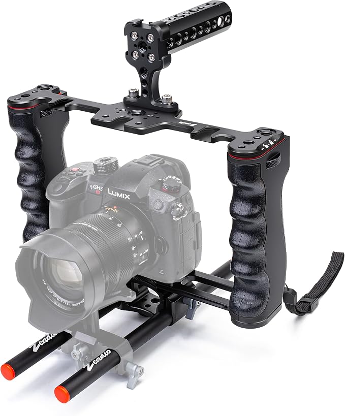 Zeadio Camera Video Rig Cage, Aluminum Filmmaking Movie Making Kit with Top Handle & Arca Type Base and Two 15mm Rod Guide, Compatible with All DSLR Camera and Camcorder by Zeadio