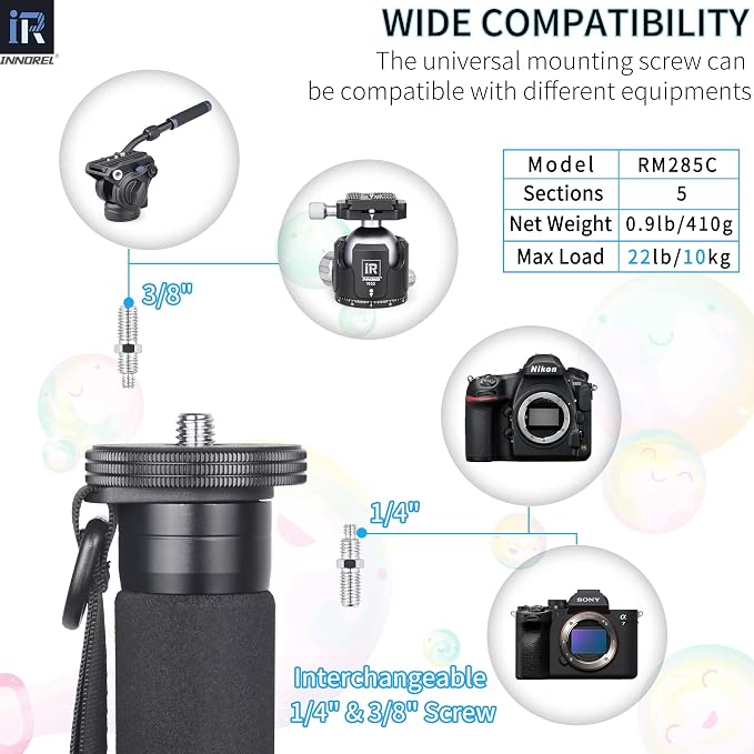 Carbon Fiber Camera Monopod INNOREL RM285C Professional Portable Compact Lightweight Travel 5-Section Monopod for Canon Nikon Sony DSLR Camera Video Camcorder DV Photography Bracket Load 22lbs/10kg - Image 2