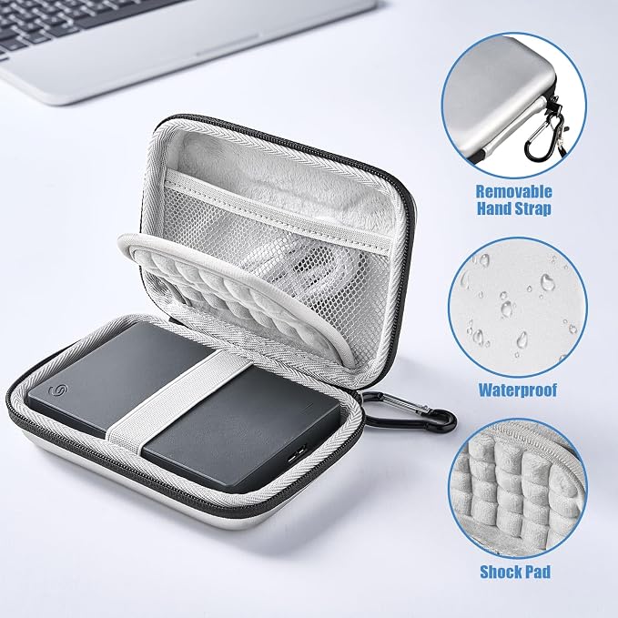 ProCase External Hard Drive Travel Case for 2.5" HDD/SSD -Silver | Fits Seagate Portable, Samsung T9, WD Elements, My Passport, Toshiba Canvio Basics, 1TB-5TB Drives, USB 3.0 HDD/SSD Storage - Image 2