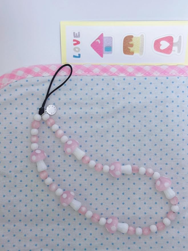 Drawwind Phone Charm Beaded Wristlet Strap Universal Cell Phone Lanyard Cute Bracelet Wrist Strap Beaded Chain String Handmade Accessories for Case Camera Bags (Pink Mushroom) - Image 2