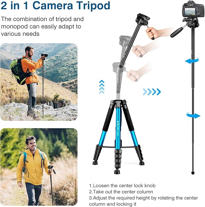 Victiv 72 inch Camera Tripod, Tall Tripod for Camera Cell Phone, Heavy Duty Camera Tripod Stand, Professional Aluminum Monopod, Compatible with Canon Nikon Sony DSLR Cameras - Blue - Image 5