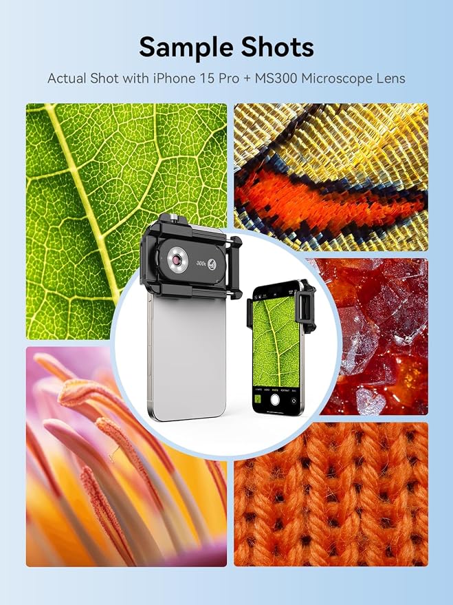 MIAO LAB 300X Phone Microscope Lens, Phone Camera Micro Lens with Universal Clip/LED Light/CPL, Mini Pocket Microscope Attachment for iPhone 17/16/15/14/13 Series and Most Smartphone MS300(300X) - Image 2