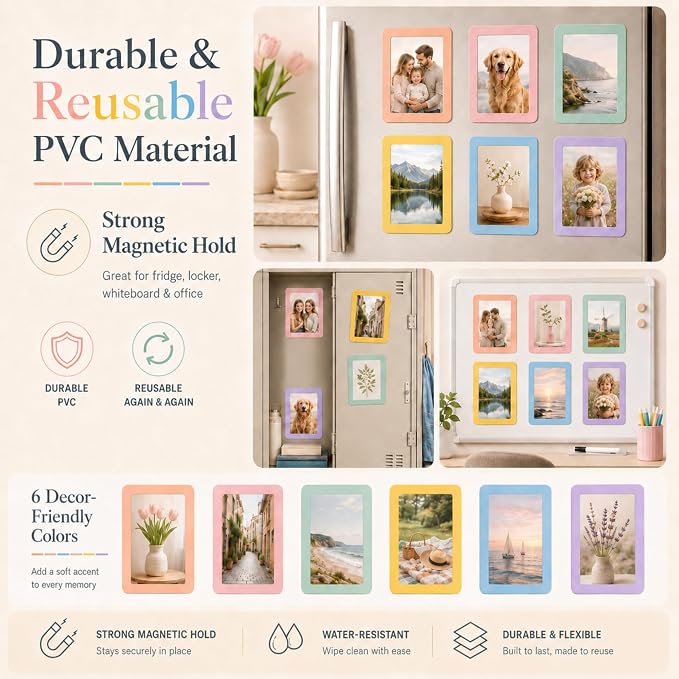 12 Pack Pastel Magnetic Picture Frames 4x6 - Macaron Soft Tones Minimalist Magnet Photo Borders for Refrigerator, Locker, Classroom & Office Decor - Open Face Aesthetic Home Accessories - Image 6
