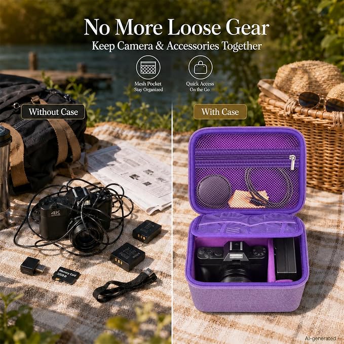 Comecase Large Travel 4K Vlogging Camera Case for Duluvulu/for AUREAPIX | Outdoor Camera Storage with 2 Dividers and Mesh Pocket, for Vloggers and Content Creators, Trip Ready, Full Purple- Case Only - Image 3