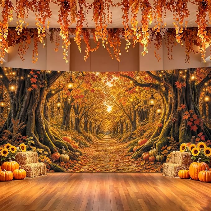 Fall Forest Photo Backdrop 20x10ft Autumn Garden Backdrop for Photography Fall Pumpkin Maple Wonderland Floral Background for Photoshoot Thanksgiving Birthday Photo Booth Props Vinyl - Image 3