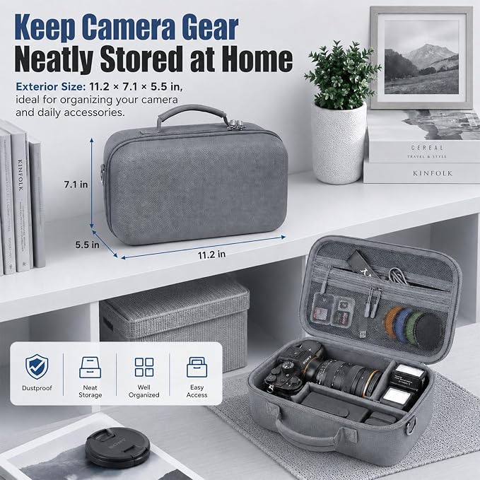 Camera Case for Canon EOS Rebel T7/R50/R100/for Sony a7iv/Mirrorless | EVA hard shell, Oxford fabric, 4 adjustable dividers and 3 mesh pockets for camera travel and home storage-Grey (Case Only) - Image 8