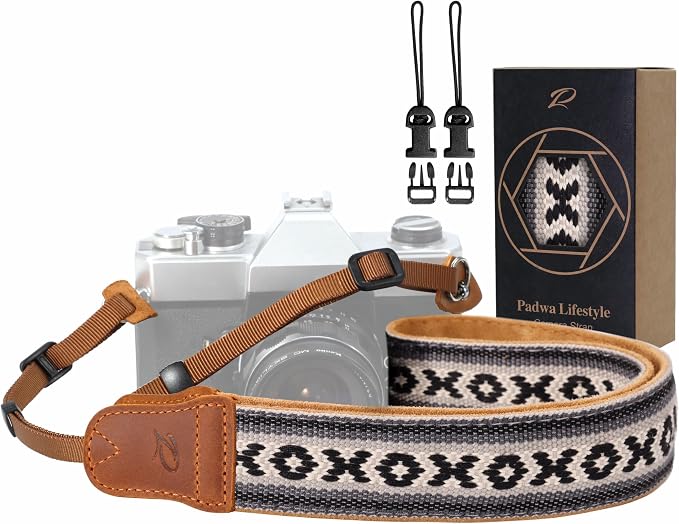 Padwa Lifestyle Camera Strap - 1.5" Crazy Horse Cowhide Ends Embroidered Camera Straps for Photographers, Cute Cotton Weave Soft Suede Fabric Padded Strap fits All Cameras for Adults & Kids by PadwaLifestyleCameraStrap