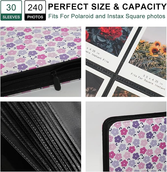 Large Polaroid Photo Album Binder, 240 Pockets. Flat Floral | Fits Polaroid i-Type, 600, SX-70 and Instax Wide 3.5x4.25 films. Acid-free pages protect photos for long-term storage. - Image 4