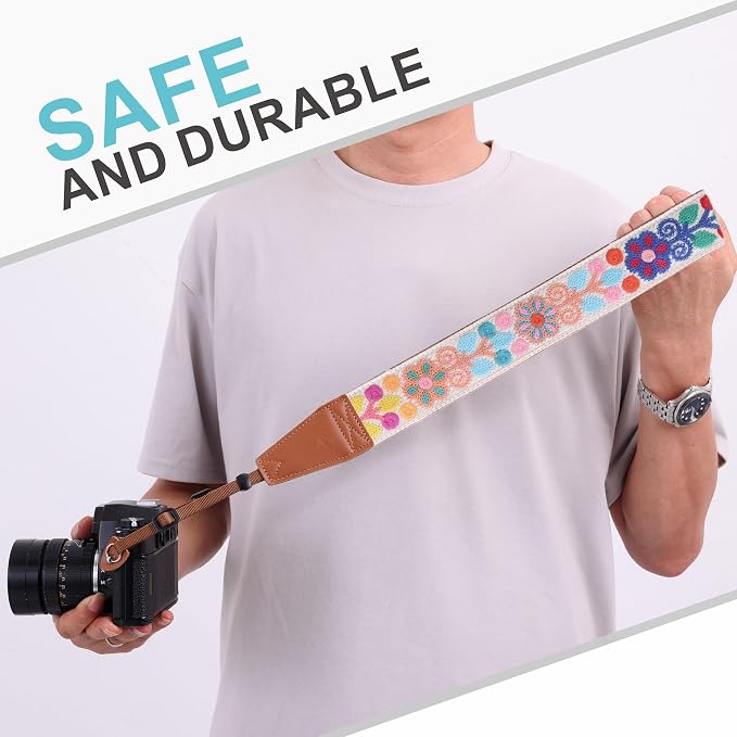 Padwa Lifestyle Colorful Crochet Camera Strap - 2" Full Grain Leather Ends Camera Straps for Photographers, Vintage Woven Cotton Soft Suede Fabric Padded Strap with Quick Release fits All Cameras - Image 7