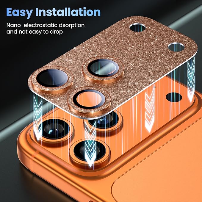 Uyiton for iPhone 17 Pro Max Camera Lens Protector, Metal Frame Glass Cover | Not Easy to Break, Strong Adsorption, Case-Friendly, Metal 9H Sapphire Glass Rear Camera Screen Cover, Glitter Orange - Image 7
