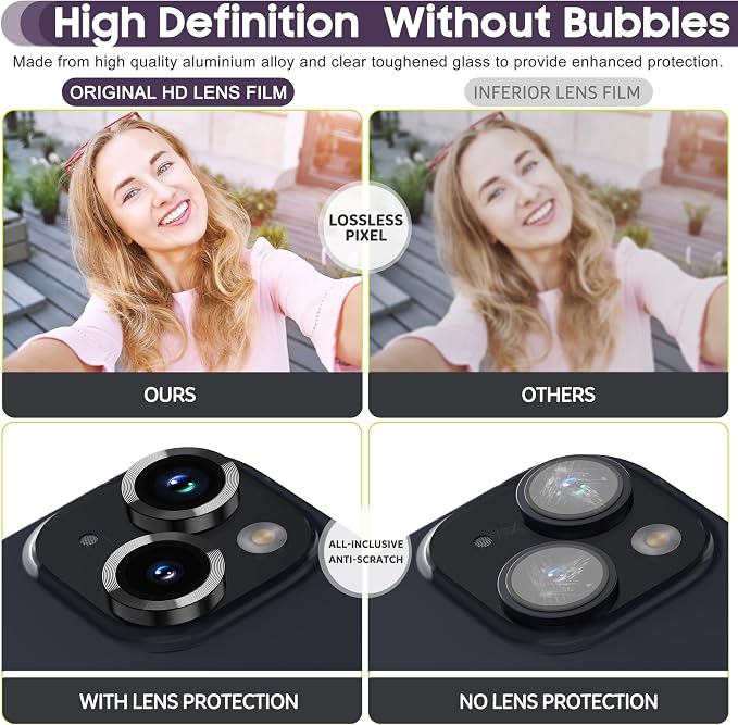 Suoman for iPhone 14 6.1 inch/iPhone 14 Plus 6.7 inch Camera Lens Protector, 9H Tempered Glass Film, [Does not Affect Night Shots] Metal Lens Protective Cover - Black - Image 6