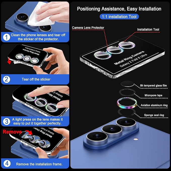 Meshine for Samsung Galaxy Z Fold 8 Ultra Camera Lens Protector,Scratch Proof,Strong Adsorption,9H Hardness with Metal Ring Camera Cover,Case Friendly,Accessories Lens Protector,Shiny Colorful - Image 3