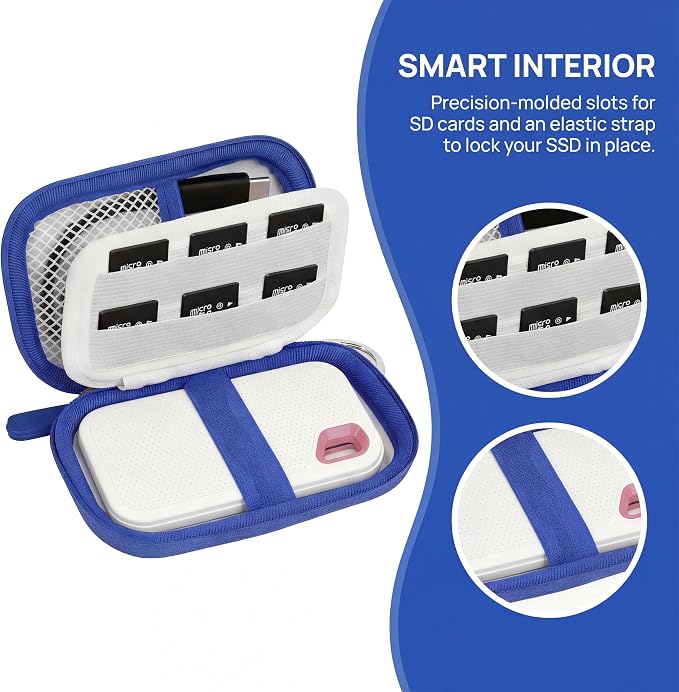 PAIYULE Hard Case for SanDisk Extreme Portable SSD & PRO,SD Card Pocket | Fits 250GB, 500GB, 1TB, 2TB and 4TB SSDs, with SD Card Pocket,Elastic Strap,Mesh Pocket and Carabiner, Case Only White - Image 3