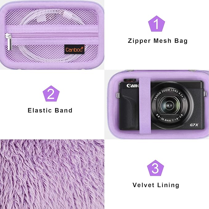 Canboc Camera Case for Canon PowerShot G7 X Mark III/ G7X Mark II, Purple | For SX740/ SX730/ G7X3 Carrying Camera Bag, Zipper Mesh Pocket fits USB Cable, Batteries - Image 6