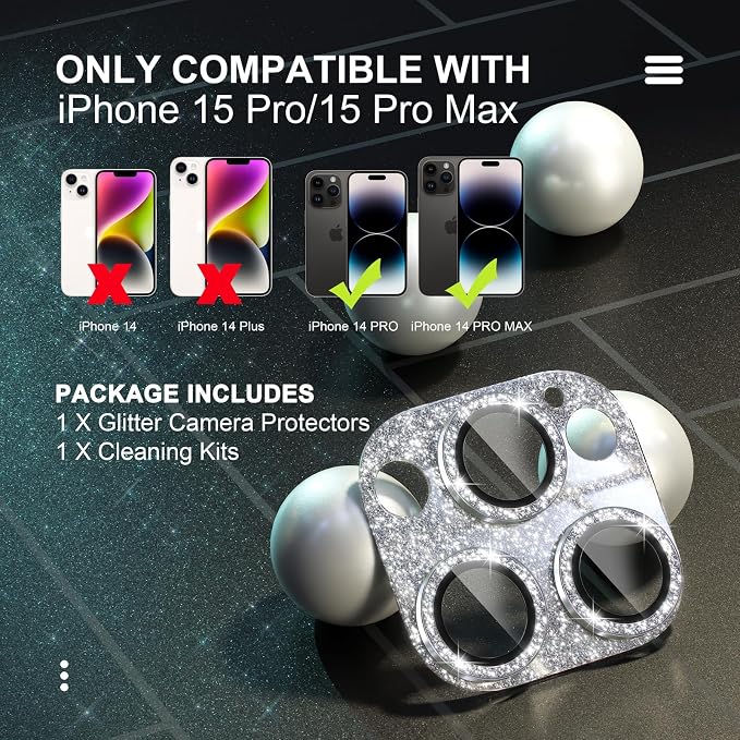 Choiche for iPhone 15 Pro/iPhone 15 Pro Max Camera Lens Protector | Bling Camera Cover with 9H Tempered Glass Lens Screen Protector Metal Ring Decoration Accessories (Glitter-Silver) - Image 2