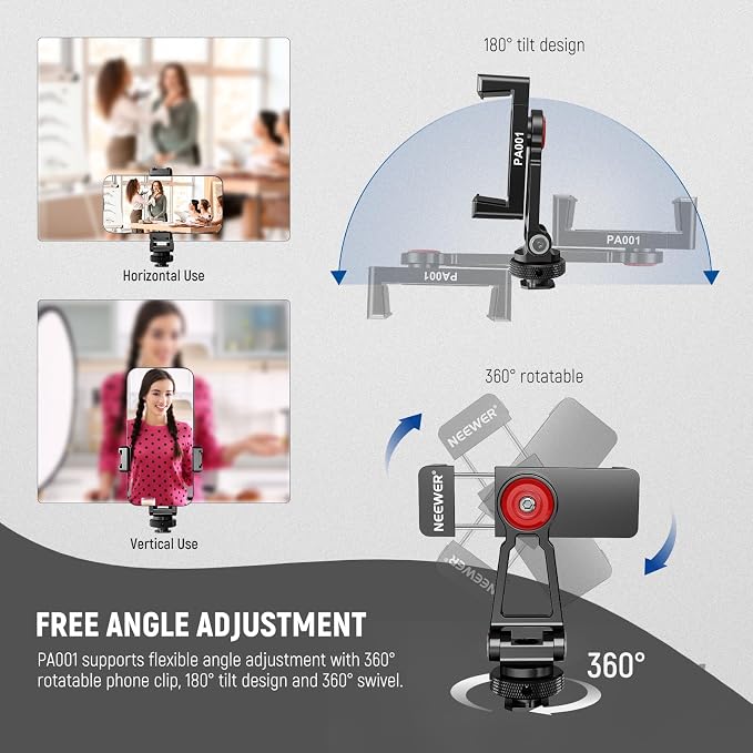 NEEWER Metal Phone Tripod Mount Adapter with Cold Shoe Base, PA001 | 360° Phone Holder, 2 Cold Shoe Mounts for Video Light/Mic, Vlogging, Universal Compatible with iPhone Samsung Huawei - Image 4