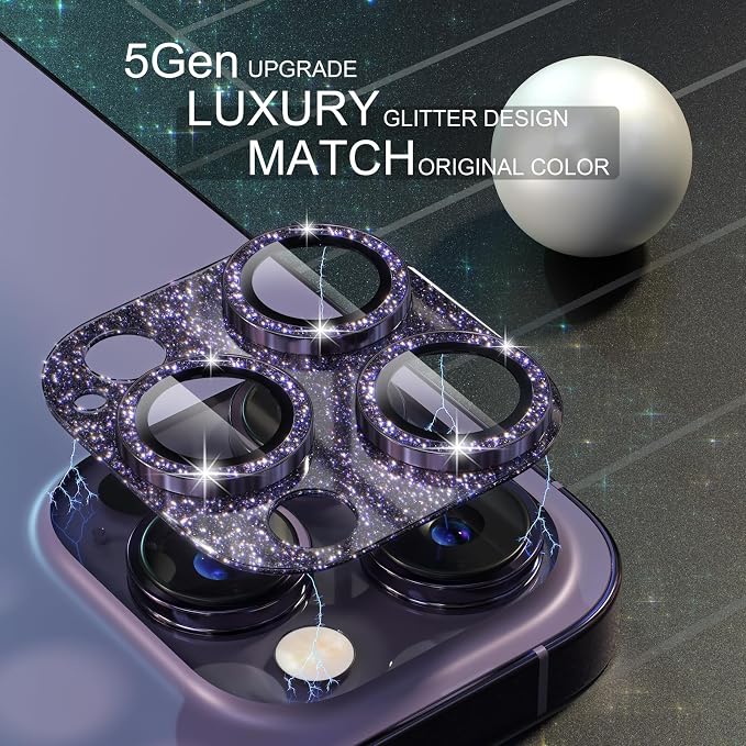 Choiche for iPhone 14 Pro/iPhone 14 Pro Max Camera Lens Protector | Bling Camera Cover with 9H Tempered Glass Lens Screen Protector Metal Ring Decoration Accessories (Glitter-Purple) - Image 3